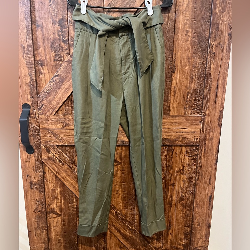 Anthropologie Tie Waist Olive Green High Rise Ankle Pants Trousers - Picture 2 of 7